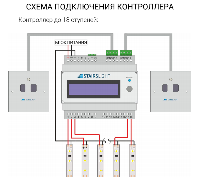 Схема подсветки лестницы с двумя датчиками движения
